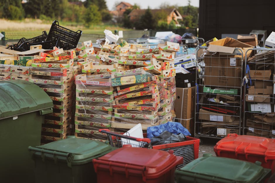An outdoor scene showing a large collection of discarded cardboard boxes stacked in open-top crates, predominantly featuring fruit shipping cartons with bright, colorful printing and visible labels like 'fresh fruits.' To the right, there are metal wire cages filled with various packed boxes, some topped with brown paper or cardboard lids. In the foreground, several closed plastic waste bins in green, red, and dark colors are visible, with a small shopping cart containing miscellaneous items in front of them. The background includes a paved surface with a faint outline of a garden or rural area, with trees and houses under a partly cloudy sky. The scene reflects an area used for waste collection or disposal, typical of private rubbish removal services, highlighting the organized but cluttered nature of waste handling in an outdoor setting, aligned with the context of alternative waste management options like independent collection or on-site clearance supported by companies such as Waste Collection Barnet.
